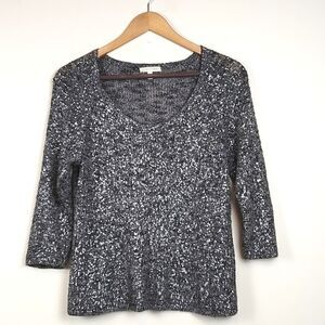 Eileen Fisher 3/4 Length Sleeve V-neck Metallic Silver and Black Top Size S